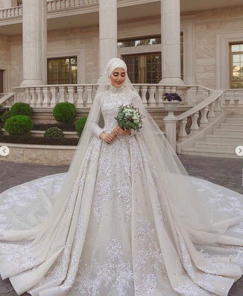 Wedding Dresses With Hijab, High Neck Wedding Gown, Wedding Dresses High Neck, Dress With Veil, Muslim Wedding Gown, Plus Size Bridal Gowns, Baju Kahwin, Muslimah Wedding Dress, Muslimah Wedding