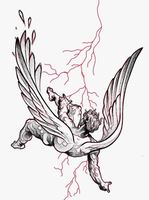 Icarus Lightning Tattoo, Icarus Back Tattoo, Icarus Falling Tattoo, Icarus Tattoo Design, Falling Angel Tattoo, Icarus Wings, Icarus Tattoo, Fallen Angel Tattoo, Tattoos Forearm