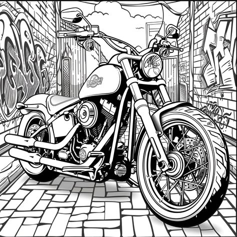 Motorcycle in a Gritty City Alley (free printable PDF black-and-white line drawing coloring page suitable for all, from beginners to advanced learners, including children, teens, adults, and seniors) Motorcycle Coloring Pages, City Alley, Elsa Coloring, Cars Black, Elsa Coloring Pages, Monster Truck Coloring Pages, Turkey Coloring Pages, Best Motorcycle, Heart Coloring Pages