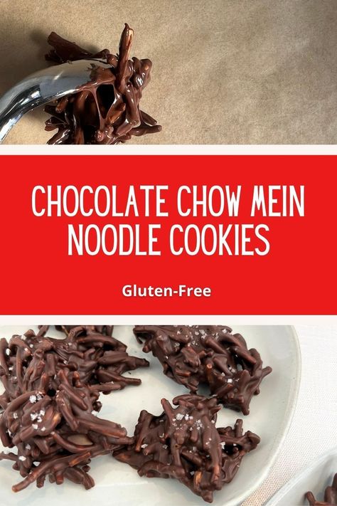 This Chocolate Chow Mein Noodle Cookies No Bake Recipe is a crunchy, chocolatey sweet blend that is perfect for munching! Whip up a batch for your next party or gift these chocolate haystacks to friends and neighbors for a delicious treat. The perfect no-bake dessert that is gluten-free. Chocolate Covered Chow Mein Noodles, Chinese Noodle Cookies Chow Mein, Chowmein Noodles Cookies, Chinese Noodle Cookies, Chow Mein Noodle Cookies, Fall Desserts Gluten Free, Easy Fruit Tart, Cookies No Bake, Gluten Free Pudding