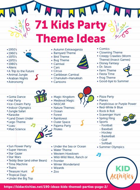 An infographic with 71 kids party theme ideas. #PartyThemes #Birthday #BirthdayPartyIdeas #KidsParties Kids Events Ideas, Gambling Art, Dresses Dinner, Party Theme Ideas, Digital Ideas, Weekend Ideas, Bday Party Theme, Birthday Party Activities, Kids Birthday Themes