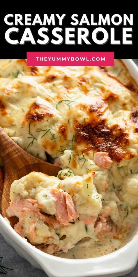 Salmon Cauliflower Casserole is a delicious pasta-free dish that combines seafood and vegetables in a luscious white sauce for a hearty yet low-carb meal option your whole family will love. Creamy Baked Salmon, Fish Casserole Recipes, Salmon Cauliflower, Salmon And Vegetables, Salmon Casserole, Savory Salmon, Fish Casserole, Seafood Casserole Recipes, Creamy Salmon