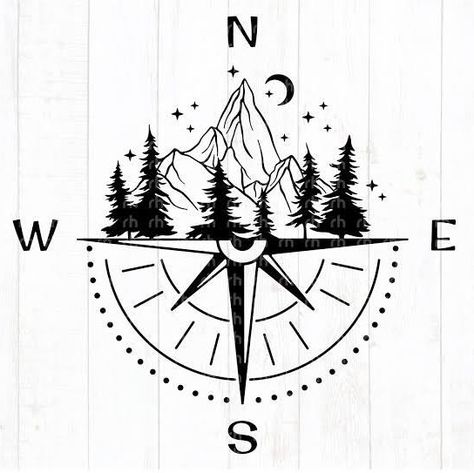 Compass Drawing Ideas, Wander Drawing Ideas, Western Compass Tattoo, Camping Drawing Illustrations, Mountain Compass Tattoo, Compass Mountain Tattoo, Wander Drawing, Compass Drawing Design, Nature Compass Tattoo