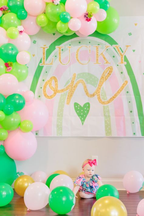 Lucky One Balloon Garland, St Patrick’s Birthday Theme, Lucky One Balloon Arch, Lucky First Birthday, St Patricks Day First Birthday Party, March Birthday Theme, March 1st Birthday Ideas Girl, March First Birthday Ideas Girl, Lucky One First Birthday Girl