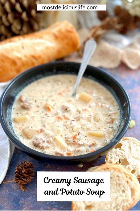 Sausage, carrots, onions and potatoes in a rich creamy soup. Add bread for a perfect, cozy meal. Creamy Potato Sausage Soup, Potato Soup Cream Cheese, Pork Sausage Soup, Creamy Sausage And Potato Soup, Potato Soup With Sausage, Potato And Sausage Soup, Sausage And Potato Soup, Sausage Potato Soup, Frozen Potatoes