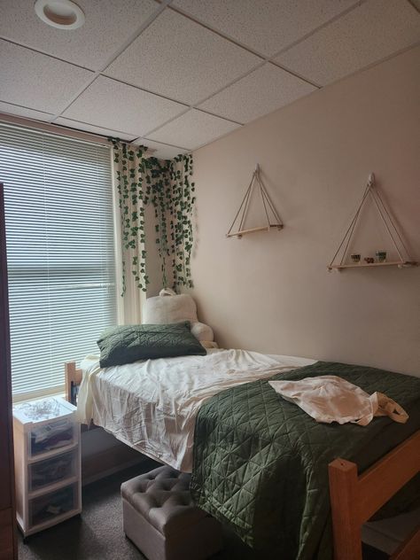 Green dorm room boho Black And Green Dorm Room, Green And Brown Dorm Room, Forest Green Dorm Room, Dark Green Dorm Room Ideas, Sage Green Dorm Room, Green Dorm Room Ideas, Green Dorm Room, Dorm Color Schemes, Dorm Room Themes