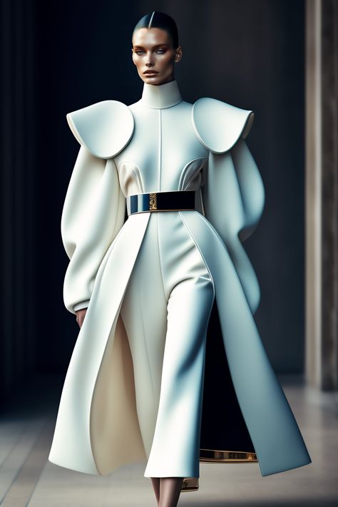 Lexica - Hyperrealistic haute couture fashion model Beautiful Veruschka, in the style of 60, outfit by balenciaga, photoshoot in the style Hyperreali... Runway Fashion Futuristic, Futuristic Elegance Outfit, Haute Couture Jumpsuit, Futuristic White Outfit, Balenciaga Photoshoot, White Futuristic Aesthetic Fashion, Futuristic Fashion Women, Futuristic Elegance, Futuristic Dress