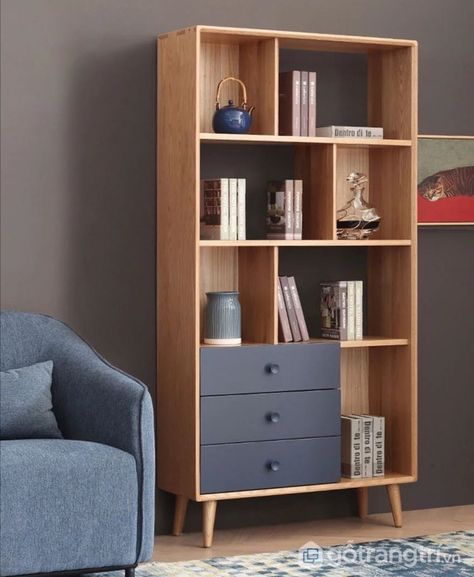 Diy Interior Furniture, Ottoman Coffee Tables, Bookshelf With Drawers, Wooden Bookshelf, Shoe Rack Living Room, Bedroom Door Design, Multipurpose Furniture, Blue Armchair, Shelving Design