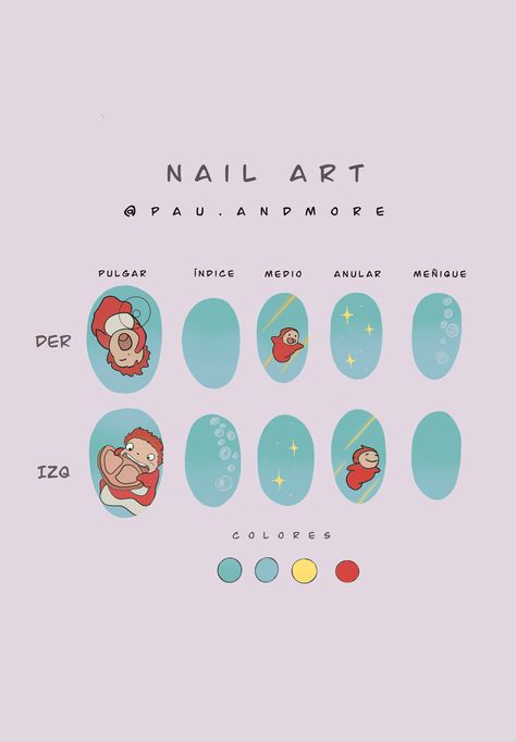 Ponyo Nails Art, Gibli Studio Nail Art, Ponyo Inspired Nails, One Piece Inspired Nails, Kiki's Delivery Service Nails, Howls Moving Castle Nail Art, Ghibli Nail Art, Ponyo Nails, Studio Ghibli Nails