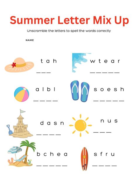 FREE Word Summer Word Scramble Printable Puzzles for Kids — xoxoerinsmith.com Summer Vocabulary For Kids, Summer Worksheets For Kids, Jumble Word Puzzle, Word Scramble For Kids, Word Puzzles For Kids, Club Games, Summer Puzzle, Summer Vocabulary, Jumbled Words