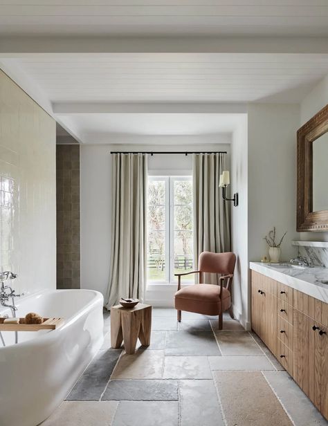 A Whimsical Farmhouse Retreat On The Mornington Peninsula European Farmhouse Bathroom, Timber Desk, Olive Green Wallpaper, Eco Outdoor, Sandstone Pavers, Turkish Marble, Australian Interior, Cosy Interior, Farmhouse Renovation