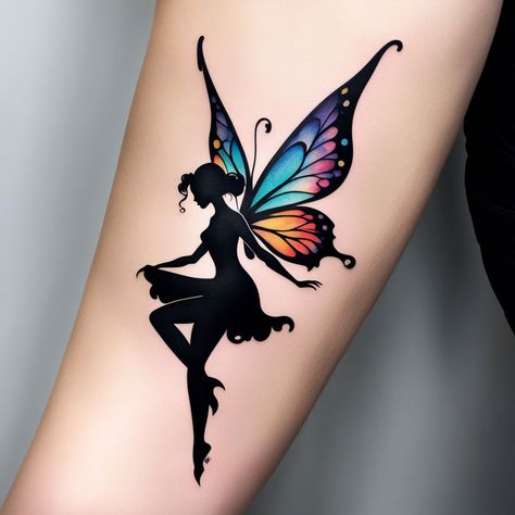 Graceful Fairy Essence" This fairy tattoo in black ink embodies elegance and simplicity, with flowing lines and a butterfly accent. A magical design. #GracefulEssence #FairyTattoo #BlackInkArt #TattooInspiration Butterfly Fairy Tattoo, Little Fairy Tattoo, Fairy Tattoo Ideas, Magical Design, Black Ink Art, Fairy Tattoo Designs, Sick Tattoo, Anne Stokes, Fairy Tattoo