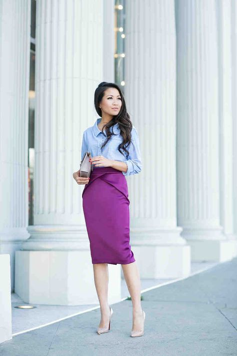 Purple Pencil Skirt, Wendy's Lookbook, Pencil Skirt Outfits, Purple Skirt, High Waisted Pencil Skirt, Dream Style, Color Mix, Nyc Fashion, Work Looks