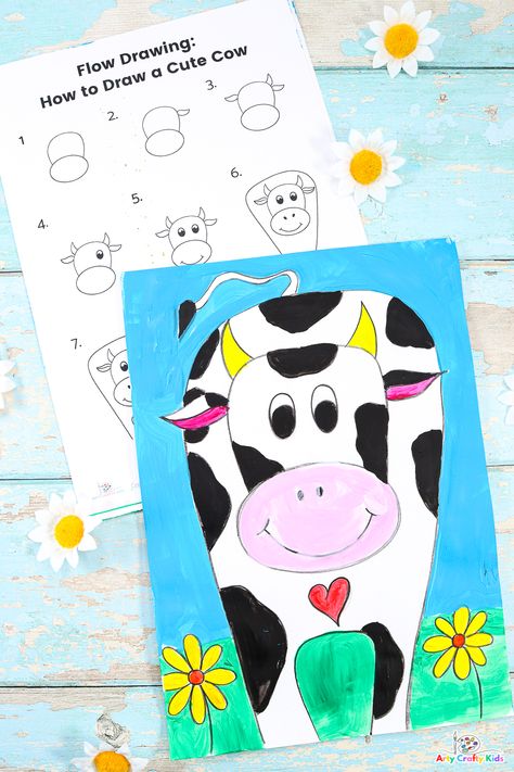 Learn how to draw a cute and friendly looking cow with our How to Draw a Cow tutorial; complete with a printable step-by-step guide to help your kids' master the process!   With its big beautiful eyes, a cartoon-like appearance and an ultra adorable face, this cow drawing is not only easy for kids and beginners to draw, it's appealing too! How To Draw A Cow, Farm Theme Crafts, Draw A Cow, Kids Therapy, Rodeo Art, March Reading, Abstract Art For Kids, Reading Month, Cow Drawing