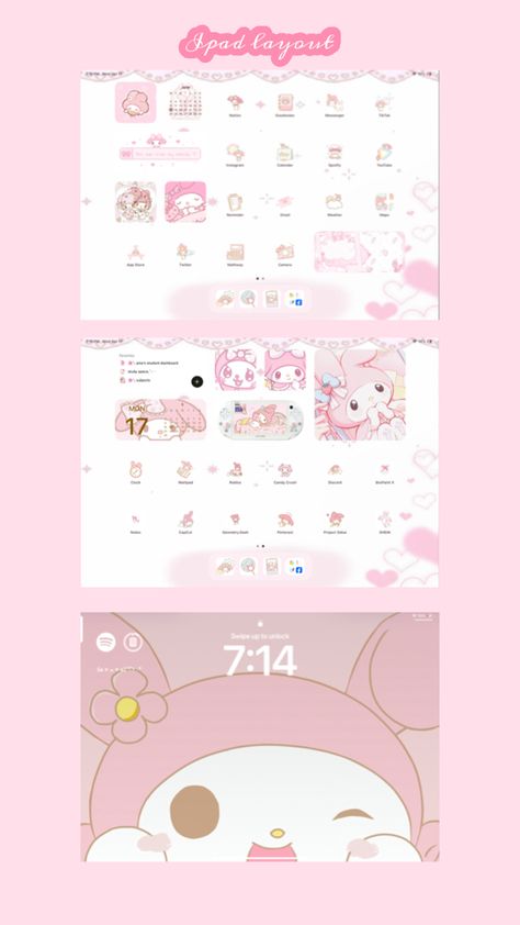 My melody themed iPad layout #sanrio #mymelody #ipad #aesthetic Ios Notes, Tablet Organizer, Ipad Layout, Ipad Lockscreen, Ipad Organizer, Ipad Hacks, Ipad Aesthetic, My Melody Wallpaper, Cute Wallpapers For Ipad