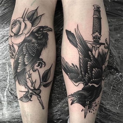 Crow Tattoo Cover Up, Black People Tattoos, Gotik Tattoo, Shin Tattoo, Black Bird Tattoo, Noh Mask, Crow Tattoo, Raven Tattoo, Spooky Tattoos