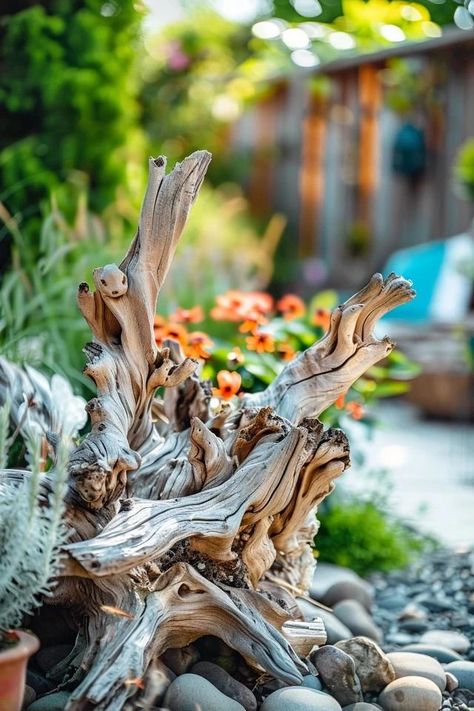 Driftwood Ideas for Garden: Creative Landscaping Tips Driftwood Landscaping, Drift Wood Diy, Driftwood Landscaping Ideas, Rustic Diy Projects, Driftwood Planters, Oasis Pool, Creative Garden Decor, Backyard Balcony, Driftwood Art Diy