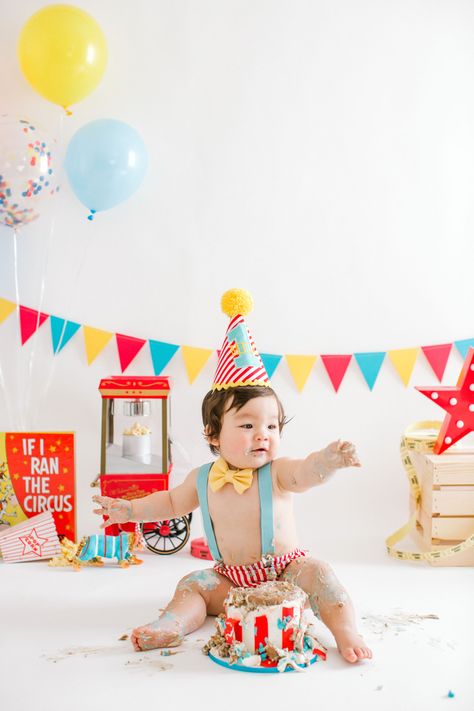 Carnival Themed Cakes, Carnival Birthday Theme, Circus 1st Birthdays, First Birthday Photography, Carnival Birthday Party Theme, First Birthday Cake Smash, 1st Birthday Photoshoot, First Birthday Pictures, Smash Cake Boy