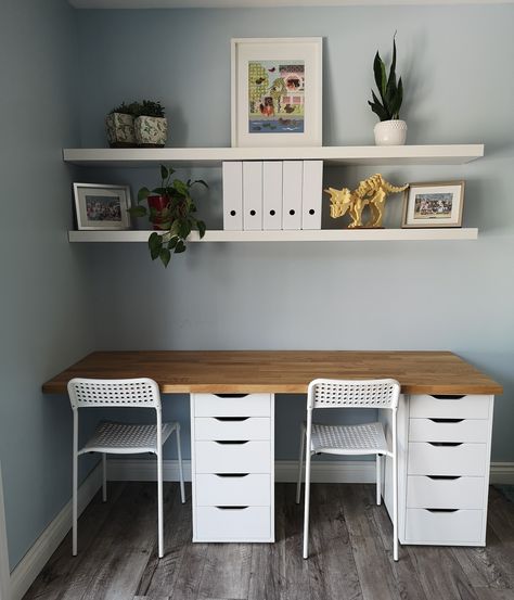 Double Desk In Bedroom, Ikea Desk For Two Kids, Desk For Two Kids Home Office, Small 2 Desk Office, Desks For Twins, Ikea Alex Double Desk, Ikea Desk For Two, Ikea Double Desk Ideas, Ikea School Room Ideas