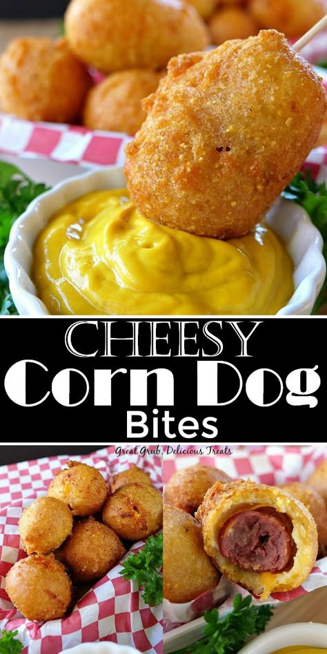 Bitesize Appetizers, Corn Dog Bites Recipe, Corn Dog Bites, Homemade Corndogs, Deep Fried Recipes, Mini Corn Dogs, Corndog Recipe, Deep Fried Appetizers, Cheesy Corn