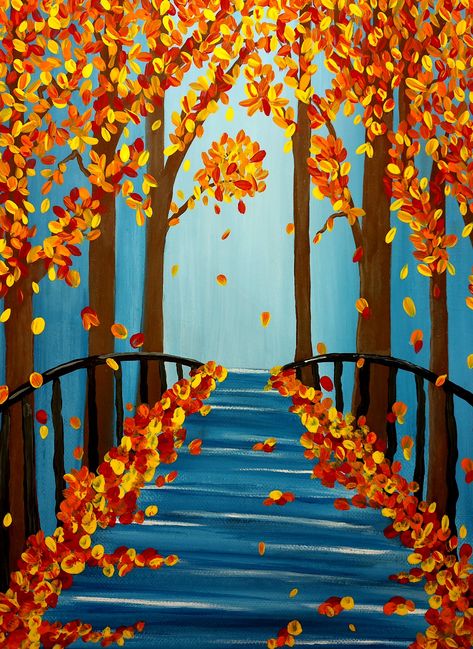 Autum Paintings On Canvas, Acrylic Autumn Paintings, Pinturas Acrilicas Cuadros Ideas, November Painting Ideas, Autumn Drawing Easy, Beginner Art Ideas, Autumn Landscape Drawing, Autumn Season Drawing, Thanksgiving Canvas Painting