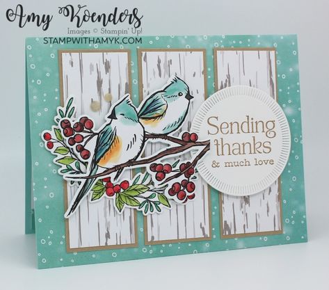 Stampin’ Up! Winterly Tree Tops Thank You Card With Video Tutorial Stamped Christmas Cards, Bee Cards, Stampin Up Christmas Cards, Tree Top, Fall 24, Christmas Bird, Stampin Up Christmas, Bird Cards, Su Cards