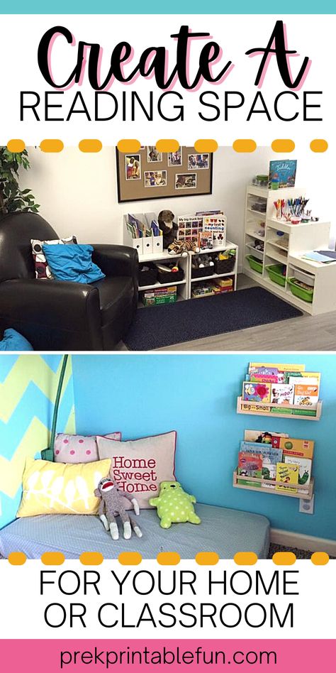 A reading space (or Library as it is sometimes referred to) provides an area for young children to independently examine books and literacy materials. Below you can find some great Library & Reading Spaces shared by our readers​ as well as suggested items to add to your space based on the ages you care for. Book Area Ideas For Preschool, Preschool Library Center Ideas, Space For Preschoolers, Preschool Library Center, Reading Corner Classroom, Daycare Spaces, Great Library, Preschool Library, Reading Spaces