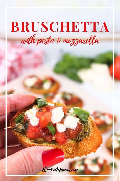 Get ready to elevate your next gathering or game night with this awesome Pesto Bruschetta! It's a breeze to whip up using a baguette, store-bought basil pesto, juicy tomatoes, and melty mozzarella cheese. Packed with fresh, zesty flavors and ooey-gooey cheese, it's guaranteed to become your new snack-time favorite. #pestobruschettarecipe Bruschetta Recipe With Pesto, Tomato Pesto Mozzarella, Bruschetta Mozzarella, Baguette Appetizer, Pesto Bruschetta, Pesto Appetizers, Easy Delicious Appetizers, Homemade Bruschetta, Bruschetta Appetizer