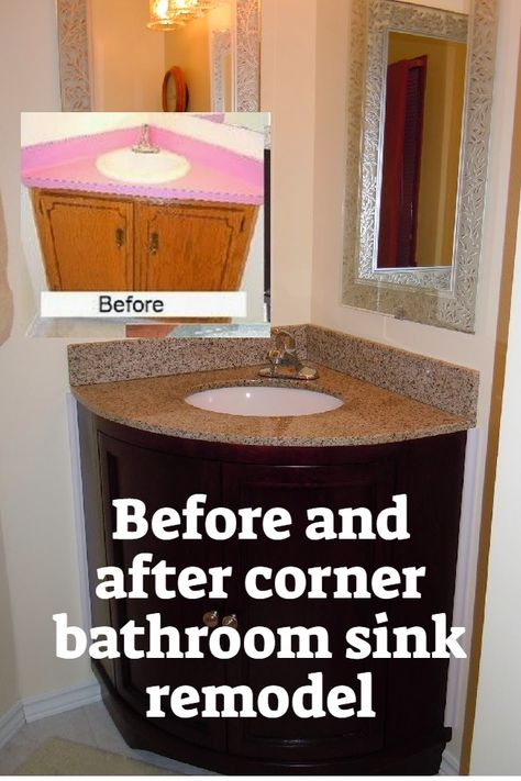 Before and After Corner Bathroom Sink Remodel. DIY Remodeling and Replacing a Corner Vanity in Bathroom #bathroom #homdecor Diy Corner Bathroom Vanity, Corner Bathroom Sink Ideas, Corner Mirror Bathroom, Small 1/2 Bath, Corner Vanity Bathroom, Bathroom Sink Remodel Diy, Corner Bathroom Sink, Bathroom Vanity And Sink, Bathroom Sink Remodel