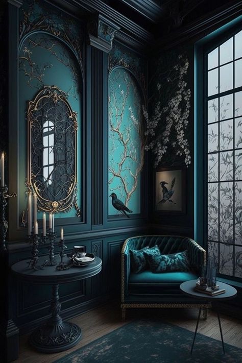 Art Deco Cottage Interior, Great Gatsby Interior, 20s Bar, Art Deco Interior 1920s, Nest Room, Gatsby House, Romance Decor, Dark Academia Office, Gothic Living Room