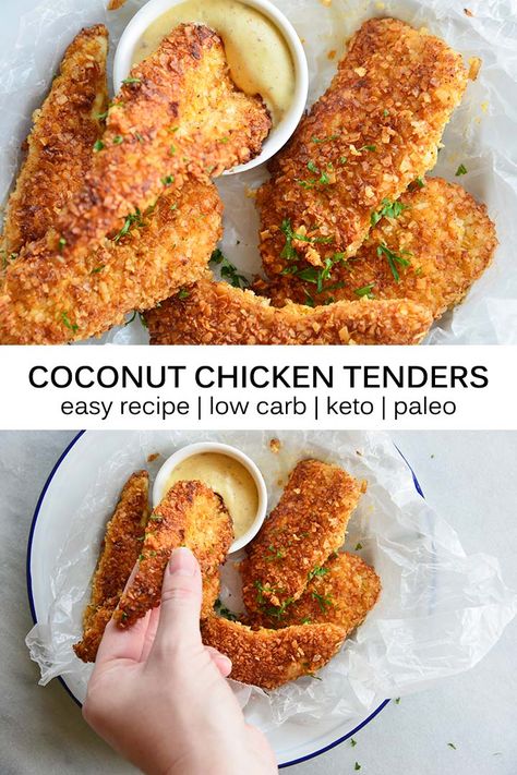 Coconut Chicken Tenders Gluten Free Coconut Chicken, Crispy Coconut Chicken, Pan Fried Chicken Tenders, Coconut Chicken Tenders, Pan Fried Chicken Breast, Perfect Fried Chicken, Chicken Strip Recipes, Chicken Tenders Recipe, Pan Fried Chicken