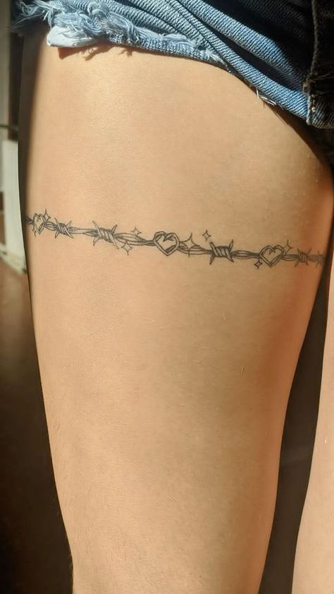 Barbwire Around Arm Tattoo, Heart With Barb Wire Tattoo, Barb Wire Bracelet Tattoo, Barb Wire Tattoo Around Leg, Barbwire Bow Tattoo, Barbed Wire Garter Tattoo, Waist Chain Tattoo, Thigh Barb Wire Tattoo, Barbed Wire Bow Tattoo