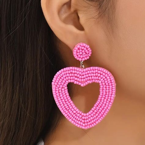 Hollow Heart Design Beaded Dangle Earrings Bohemian Elegant - Temu Pink Heart Earrings, Large Stud Earrings, Tory Burch Earrings, Beaded Heart, Drop Earrings Gold, Hollow Heart, Rice Bead, Heart Shaped Earrings, Heart Drop Earrings