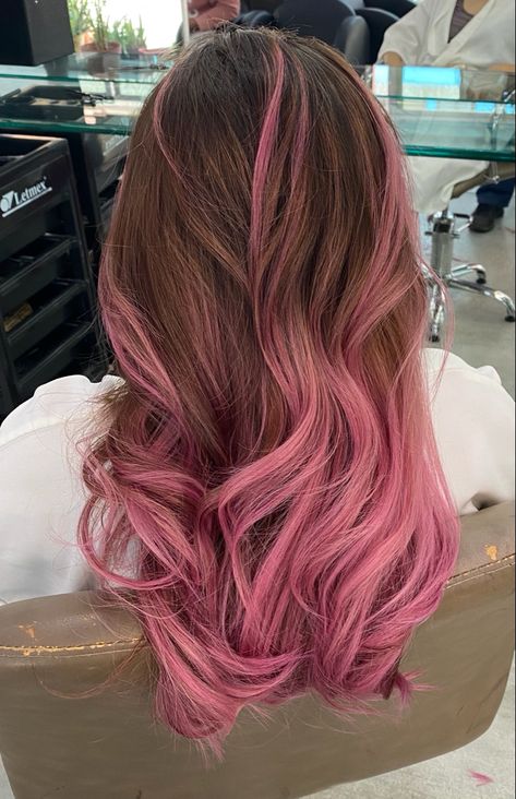 Light Pink Hair Balayage, Straight Hair Pink Highlights, Light Brown Hair With Blonde And Pink Highlights, Pink And Brown Balayage, Pink Hair Dye Ideas Brunettes, Pink Baylage Hair Light Brown, Pink Balyage Long Hair Brunettes, Brown And Pink Hair Curly, Pink And Light Brown Hair