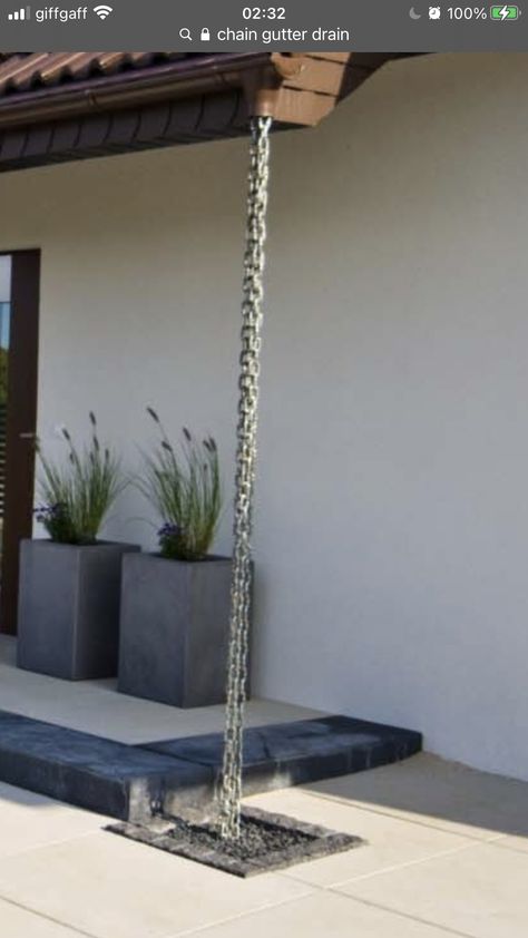 Water Chain Gutter, Drain Chain, Rain Gutter Chains, Gutter Chains, Patio Water Feature, Side Yard Landscaping, Outdoor Water Feature, Study Interior Design, Handyman Projects