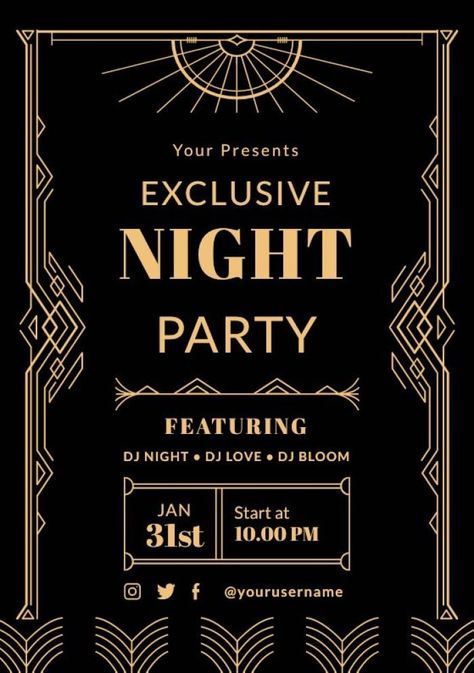 Ornamental Art Deco Exclusive Night Club Party Invitation Club Invitation Design, Night Club Invitation, Club Party Invitation, Night Club Flyer Design, Club Invitation, Club Posters, Ornamental Art, Glow Birthday Party, Cocktail Party Invitation