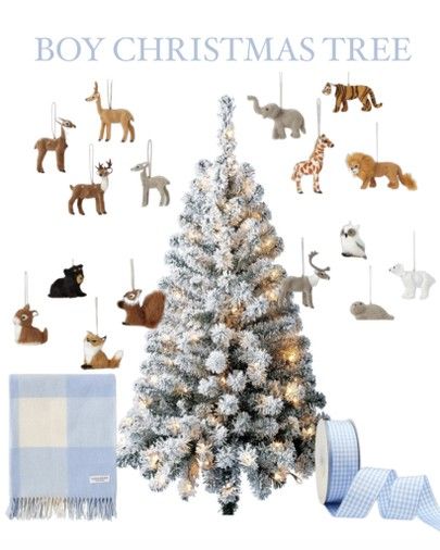 Christmas Tree Nursery, Blue Gingham Christmas Tree, Christmas Tree For Boys, Animal Christmas Decorations, Little Boys Christmas Tree, Nursery Christmas Tree Boy, Boy Christmas Tree Theme, Toddler Boy Christmas Tree, Nursery Christmas Tree