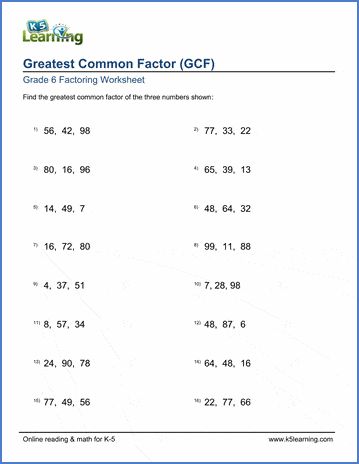 Grade 6 Factoring Worksheets: Greatest common factor of 3 numbers | K5 Learning Grade 6 Math Worksheets, Lcm And Gcf, Greatest Common Factor, Least Common Multiple, 6th Grade Worksheets, Common Multiples, Factors And Multiples, Greatest Common Factors, Math Exercises