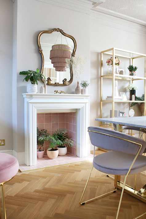 Transforming Our Non-Working Dining Room Fireplace - Swoon Worthy Taupe Dining Room, Empty Fireplace Ideas, Pink Dining Rooms, Painting Ikea Furniture, Pastel Home Decor, Dining Room Fireplace, Dining Room Remodel, Pastel House, Bedroom Fireplace