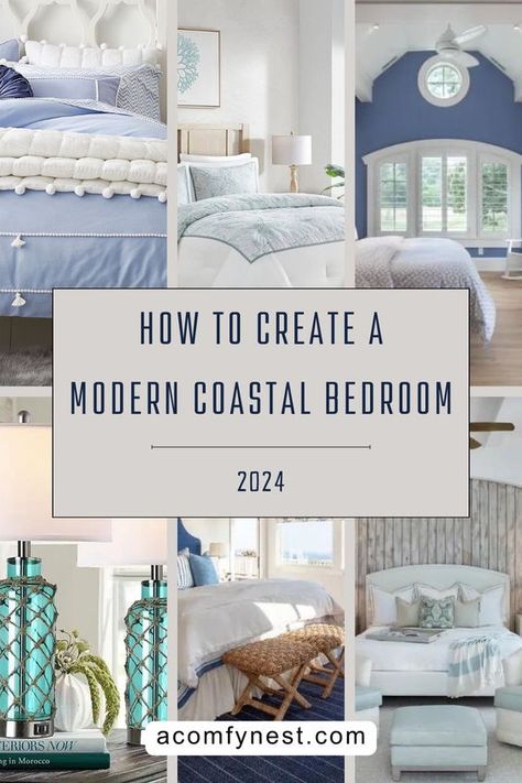 If you're looking for coastal bedroom ideas get inspired with this beachy bedroom decor to turn your own bedroom into a seaside oasis. Coastal Bedroom Duvet Covers, Palm Beach Guest Bedroom, French Coastal Bedroom, Navy Coastal Bedroom, Florida Bedroom Ideas, Coastal Modern Bedroom, Blue Coastal Bedroom, Beachy Bedroom Decor, Modern Coastal Bedroom Ideas