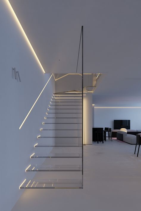 ad5h on Behance Minimal Stairs, Staircase Lighting Ideas, Brownstone Homes, Grey Ceiling, Stairway Design, Modern Stairs, Interior Stairs, Modern Staircase, Lighting Design Interior