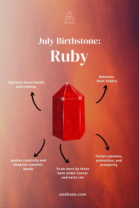 July birthstones, both traditional and alternative, offer a range of health benefits, from detoxification and heart health to stamina improvement and inflammation reduction. These stones are a remarkable testament to the belief that nature offers us beauty and a path to improved well-being. If you're born in July, you're bestowed with one of the most prestigious and esteemed precious stones as your birthstone - the Ruby. July Birth Stones, July Symbols, Ruby Benefits, Amazonite Meaning, Birth Stones, Gemstones Chart, Born In July, Zodiac Elements, Improve Heart Health