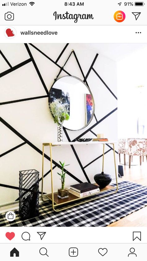 Love this DIY idea for a wall with electrical or black masking tape. Decor Tape Ideas, Painters Tape Wall Design, Tape Art Wall, Black Tape Wall Designs, Black Wall Tape Design, Black Tape Wall Art, Electrical Tape Wall Art, Electric Tape Wall Art, Masking Tape Art Wall