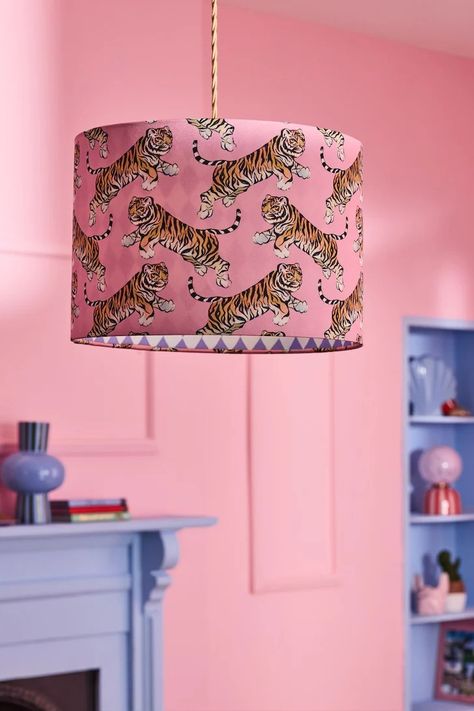 Cute Lamp Shades, Pink Ceiling Light, Cool Ceiling Lights, Pink Tiger Print, Eleanor Bowmer, Fierce Tiger, Tiger Decor, Pink Tiger, Toddler Bedroom