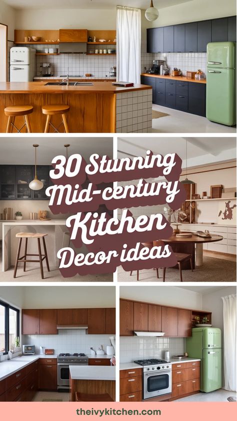 Mid-century kitchen decor ideas with vintage appliances and wooden cabinets. Mid Century Breakfast Bar, 70s Wood Kitchen, Mid Mod Backsplash, Mid Century Modern Renovation Interiors, Mid Mod Interior Design, Studio Ghibli Kitchen Aesthetic, Post Modern Kitchen Design, Mid Century Modern Open Floor Plan, Mid Century Modern Eat In Kitchen