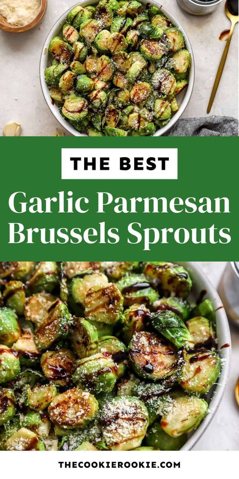 These garlic Parmesan Brussels sprouts are pan-seared and loaded up with fresh garlic and Parmesan cheese. They're so yummy! Brussel Sprouts In Pan, Brussel Sprouts And, Garlic Parmesan Brussels Sprouts, Brussel Sprout Oven Recipes, Brussel Sprouts With Parmesan Cheese, Brussels Sprouts With Parmesan Cheese, How To Season Brussel Sprouts, Garlic Parm Brussel Sprouts, Brussel Sprout Recipes Oven