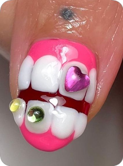 Cutest thumbs in all the land for @kinakayako 💗 teeth recreated from @tengoku_nails & strawberry made using @realhotgurlnails method 🍓🦷… | Instagram Dental Nail Art, Weird Nails Design, Ugly Nails Weird, Horrible Nails, Tooth Nails, Teeth Nails, Nails Strawberry, Ugly Nails, Zombie Nails