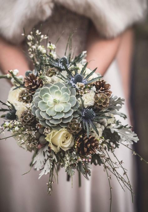 Mint Green Bridal Bouquet, Echivera Succulents, Rustic Winter Wedding Colors, Winter Wedding Flowers Bouquets, Woodland Wedding Bouquet, Avalanche Rose, Thistle Bouquet, Brides Flowers Bouquet, Winter Bridal Bouquets