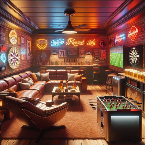 Step into a man cave that breathes leisure. Mahogany tones paired with rustic brick walls set the stage for an inviting retreat. Enjoy games on a large flat-screen TV, challenge friends on the pool or foosball table, or just sit back in the plush recliner. Neon signs, unique memorabilia, a stocked mini-fridge, and a popcorn machine heighten the fun, laid-back vibe. #MancaveDesign #GameRoom #HomeDecor #GadgetsForMen #EntertainmentRoom #InteriorDesign Sports Bar Decor Basement, Wall Of Neon Signs, Man Cave Tv Wall, Small Man Cave, Honeycomb Wallpaper, Man Cave Design, Man Bars, Home Pub, Man Cave Room