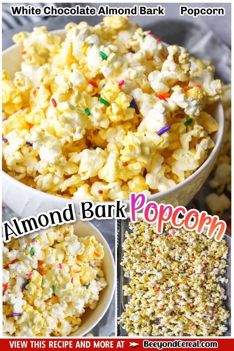 White chocolate almond bark popcorn is the salty sweet and crunchy treat you didnt know you needed. With just ingredients and 5 minutes you can have a batch whipped up and in a bowl ready to eat! Check out how to make your own tasty popcorn crack with this easy recipe. Popcorn With Almond Bark, Almond Bark Popcorn, White Chocolate Almond Bark, White Chocolate Popcorn Recipe, Canned Green Bean Recipes, Popcorn Recipes Easy, Just Ingredients, Finger Food Desserts, Kid Foods